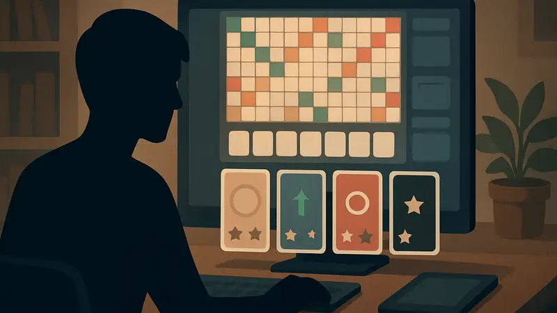 Игровой экран Beyond Words с элементами Scrabble и Balatro, показывающий процесс создания слов и карточек.