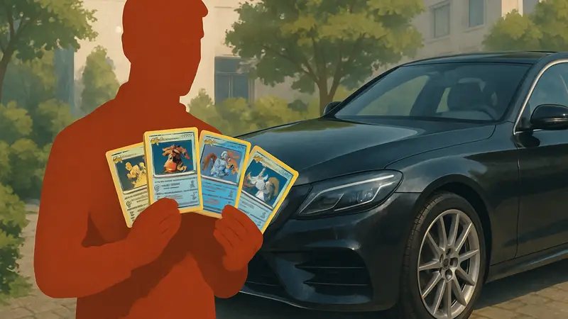 Человек, держащий коллекционные карты Pokémon, рядом с роскошным автомобилем.