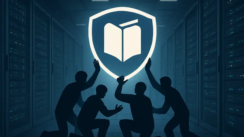 Логотип Visual Novel Database (VNDB) на фоне базы данных, символизирующий её сохранение