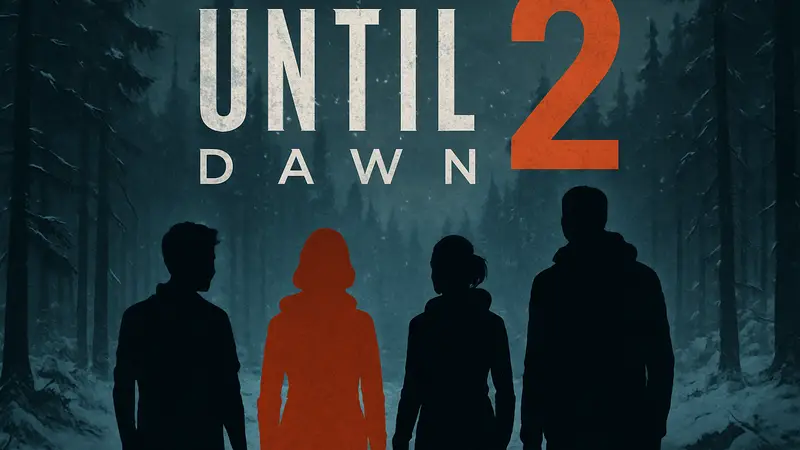 Логотип Until Dawn 2 с мрачными силуэтами и заснеженным лесом