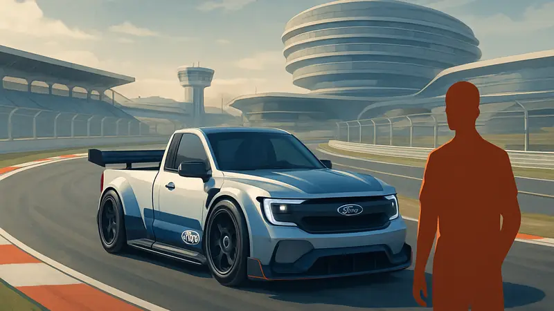 Концепт электрического пикапа Ford, стилизованный под гоночный автомобиль Формулы-1, на футуристичной трассе.