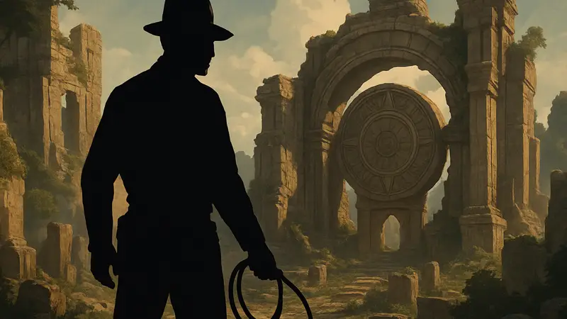 Индиана Джонс в шляпе и с кнутом, на фоне древних руин, с логотипом игры Indiana Jones and the Great Circle.