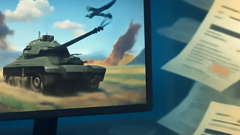 Изображение: монитор компьютера с запущенной игрой и размытыми документами на фоне, символизирующими утечку данных в играх.