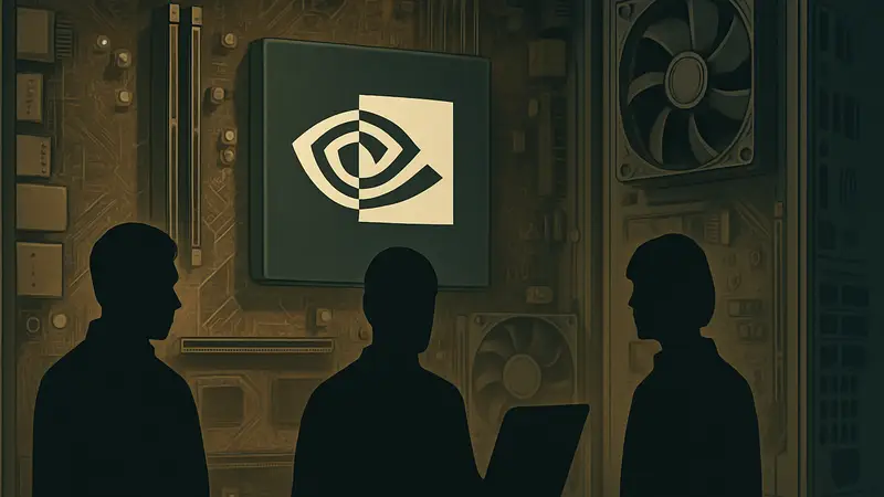 Логотип Nvidia на фоне компонентов ПК, символизирующий интеграцию с производителями