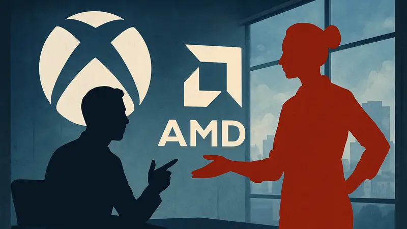 Логотипы Xbox и AMD, символизирующие сотрудничество и дискуссию о новой консоли.