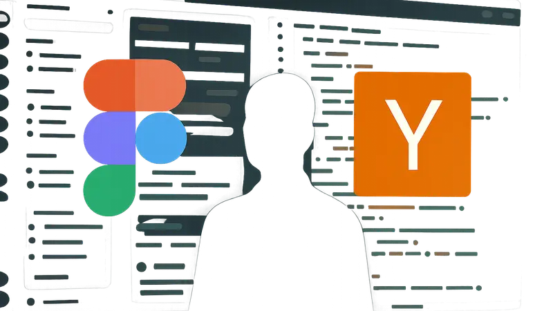 Логотипы Figma и Y Combinator на фоне интерфейса приложения для «вайб-кодинга» с фрагментами кода.