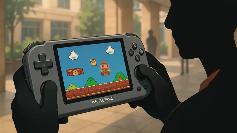 Портативная ретро-консоль Anbernic RG 55G1 в руках, на экране ретро-игра