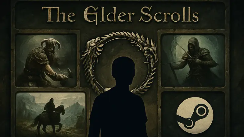 Логотип The Elder Scrolls, скриншоты из игр серии, значок Steam