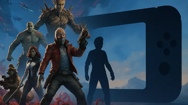 Обложка Marvel's Guardians of the Galaxy, на заднем плане силуэт Nintendo Switch 2