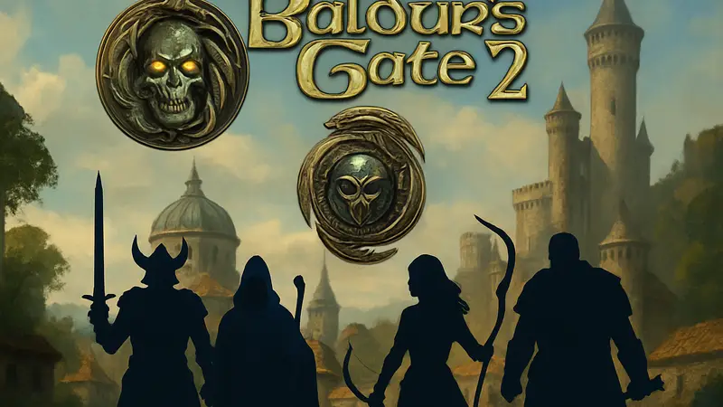 Обложка игры Baldur's Gate 2, ремейк RPG, фэнтези мир, персонажи Baldur's Gate