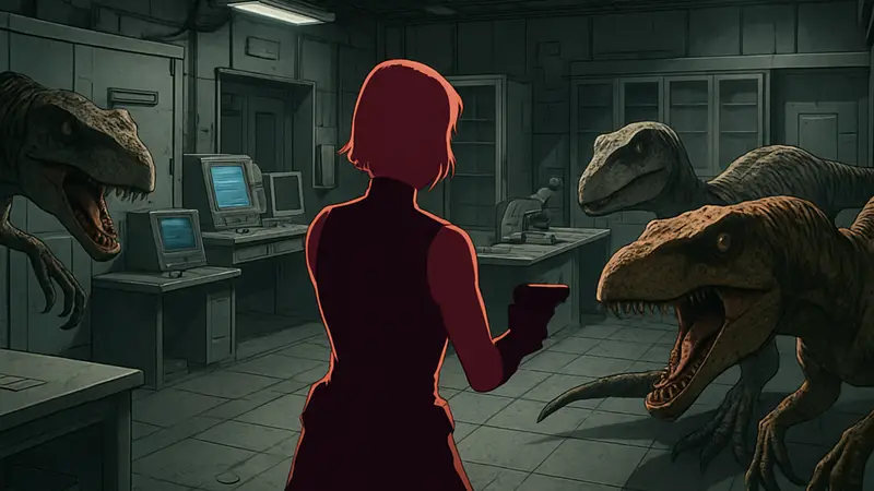 Скриншот из игры Dino Crisis с Реджиной, окруженной динозаврами-рапторами в лаборатории
