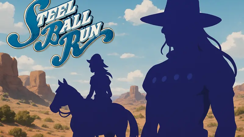 Обложка аниме Steel Ball Run, персонажи Jojo's Bizarre Adventure Part 7.