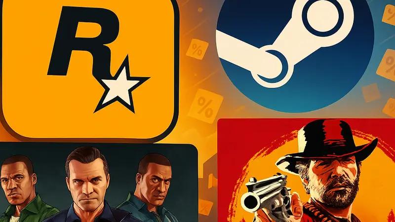 Изображение логотипа Rockstar Games и Steam с иконками игр Grand Theft Auto V и Red Dead Redemption 2 во время распродажи.