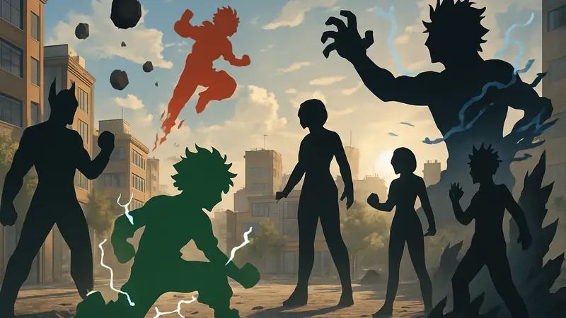 Изображение персонажей из My Hero Academia, демонстрирующих свои квирки.