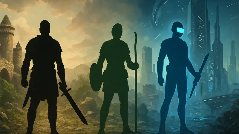 Изображение, символизирующее эволюцию RPG, с футуристическими элементами.