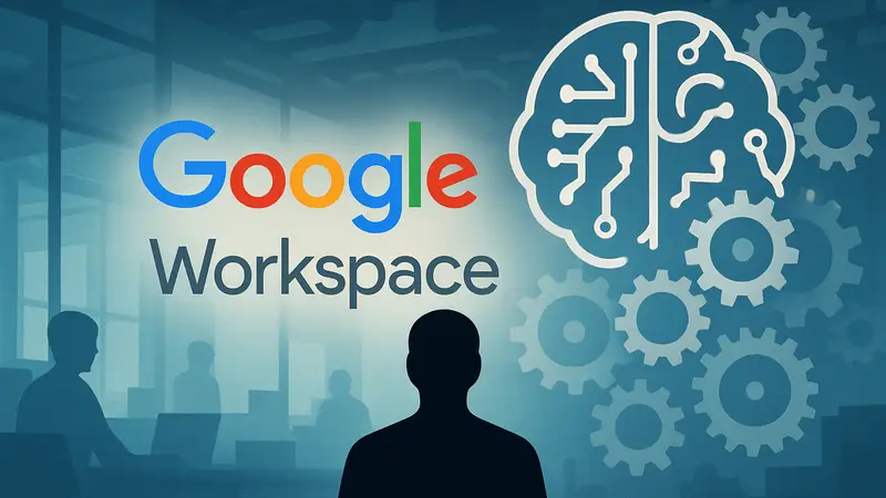 Логотип Google Workspace с элементами искусственного интеллекта и шестеренками, символизирующими автоматизацию работы