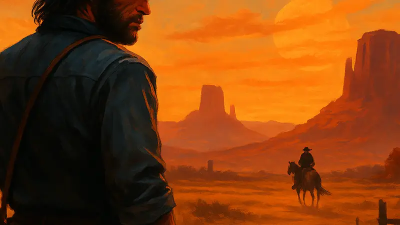 Игровой персонаж из Red Dead Redemption на фоне Дикого Запада, символизирующий уходящую эпоху больших игр.