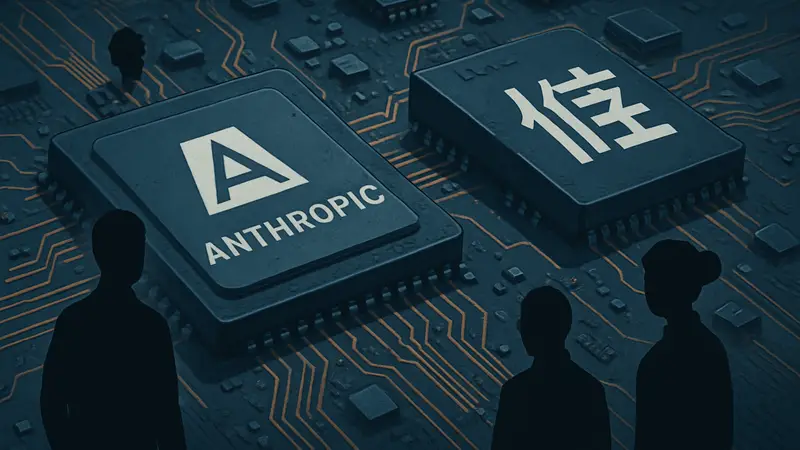 Логотип Anthropic и несколько китайских иероглифов, символизирующих ИИ-лаборатории, на фоне микросхем