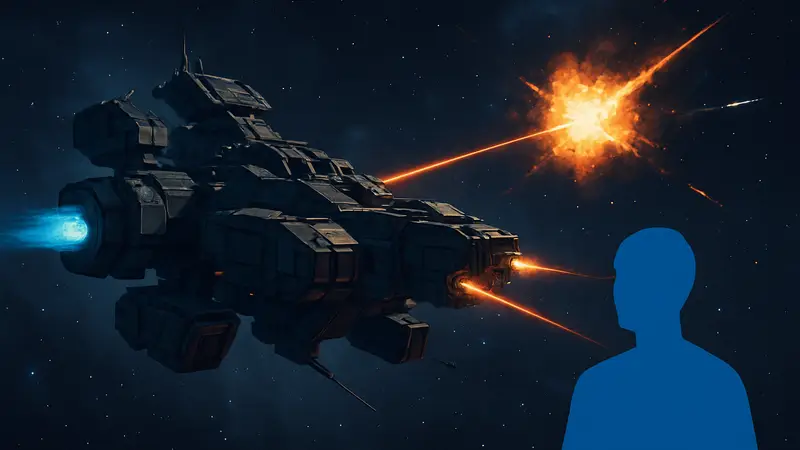 Космический корабль из игры Star Wrath, собранный из модулей, участвующий в интенсивном бою среди звезд.