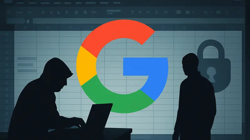 Логотип Google на фоне электронных таблиц, символизирующий кибершпионаж и безопасность.