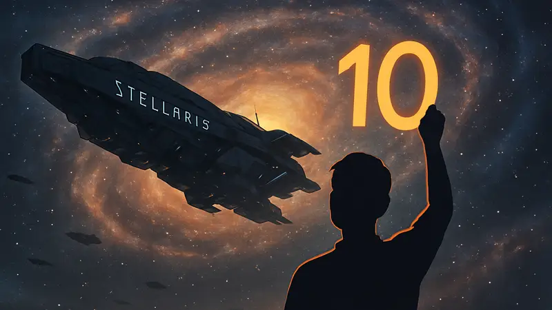 Космический корабль Stellaris на фоне галактики, празднующий 10-летие игры.