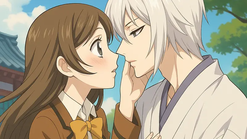 Главные герои аниме «Очень приятно, Бог» (Kamisama Kiss) в романтической сцене.