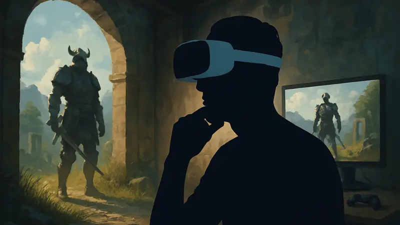 Игрок в VR-гарнитуре размышляет о будущем виртуальной реальности в игровой индустрии.