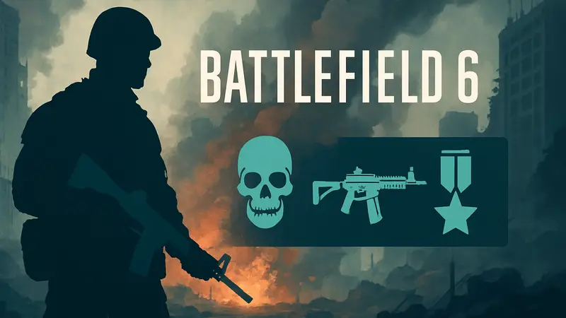 Изображение логотипа Battlefield 6 и примеры эксклюзивных наград боевого пропуска