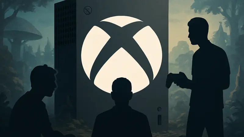 Логотип Xbox на фоне игровой консоли, символ гейминга и сообщества игроков
