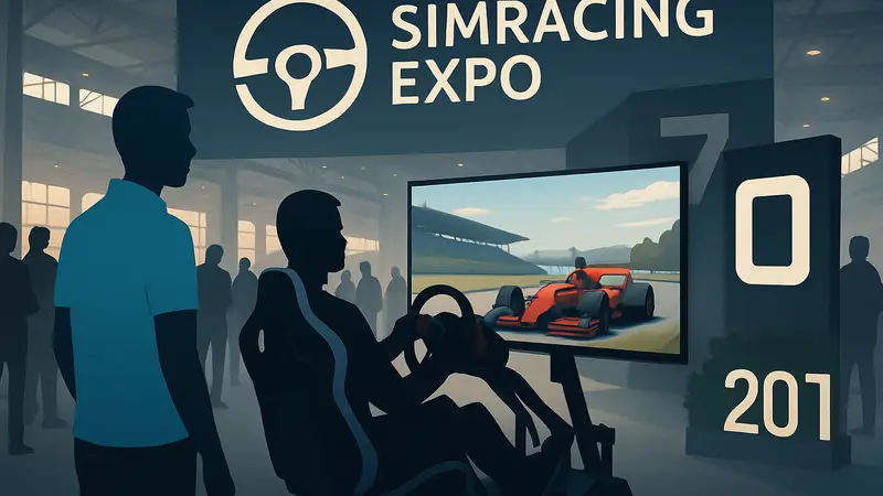 Первая SimRacing Expo в США: логотип, гоночный симулятор и анонс возвращения в 2027 году.