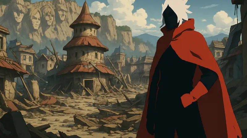 Кашин Коджи из аниме Боруто на фоне разрушенной Конохи