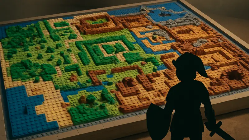 Впечатляющая LEGO-карта Hyrule из оригинальной игры The Legend of Zelda на NES, собранная фанатом.