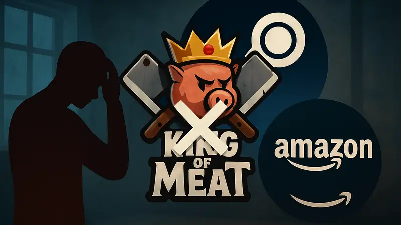 Логотип игры King of Meat на фоне Steam и значка Amazon Games, символизирующий закрытие проекта.
