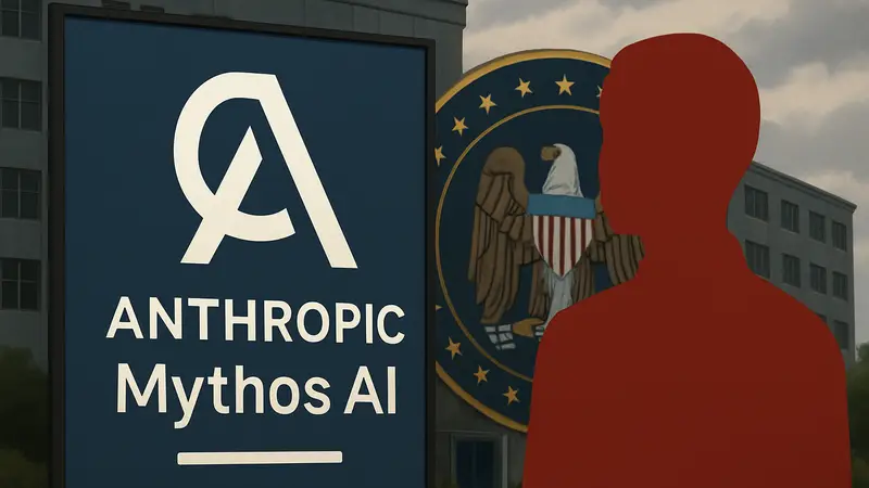 Логотип Anthropic Mythos AI на фоне изображения АНБ
