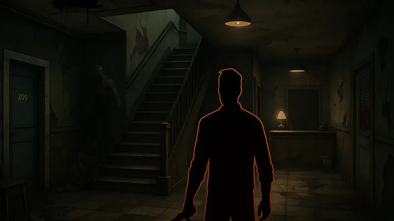 Скриншот из игры Skyhill: Hotel Survival с мрачным отелем и персонажем