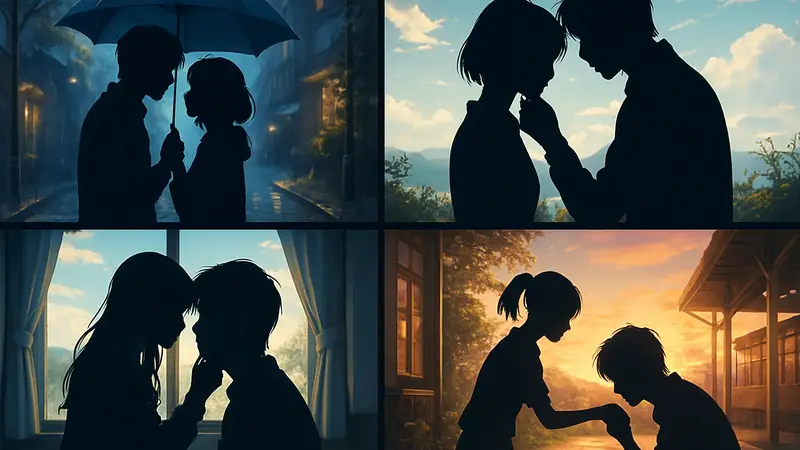 Кадры из различных романтических аниме фильмов, изображающие влюбленные пары и эмоциональные сцены.