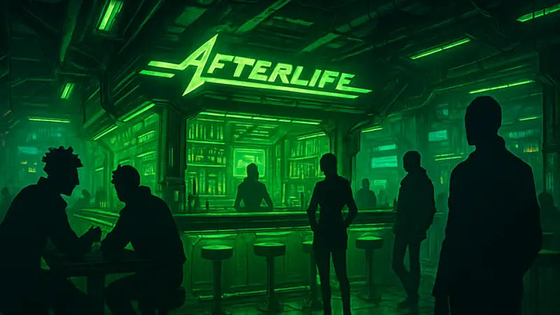 Концепт-арт бара в киберпанк-стиле, напоминающего Afterlife из Cyberpunk 2077