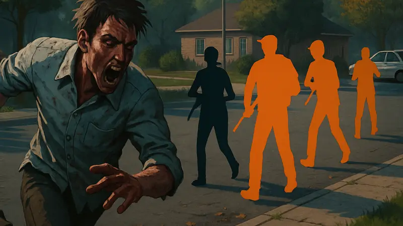 Игровой скриншот из Project Zomboid с быстрым зомби и игроками в мультиплеере