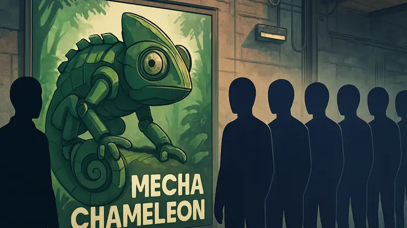 Иллюстрация проблемы ИИ-плагиата в играх, с изображением Meccha Chameleon и множества одинаковых копий