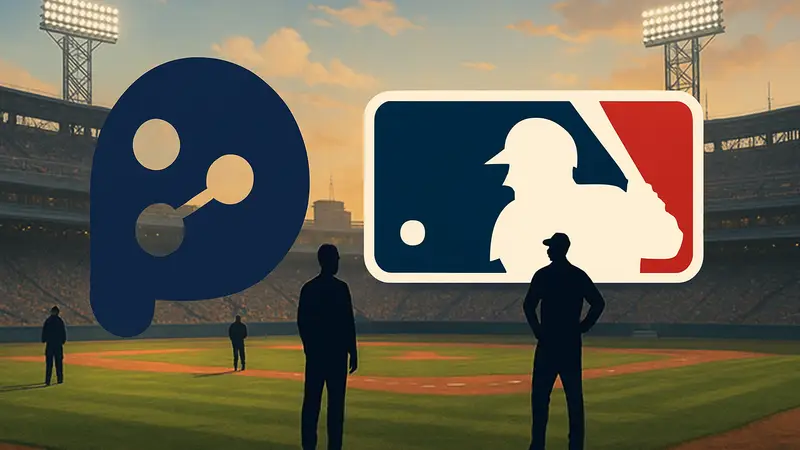Логотипы Polymarket и Major League Baseball на фоне бейсбольного поля, символизирующие партнерство.