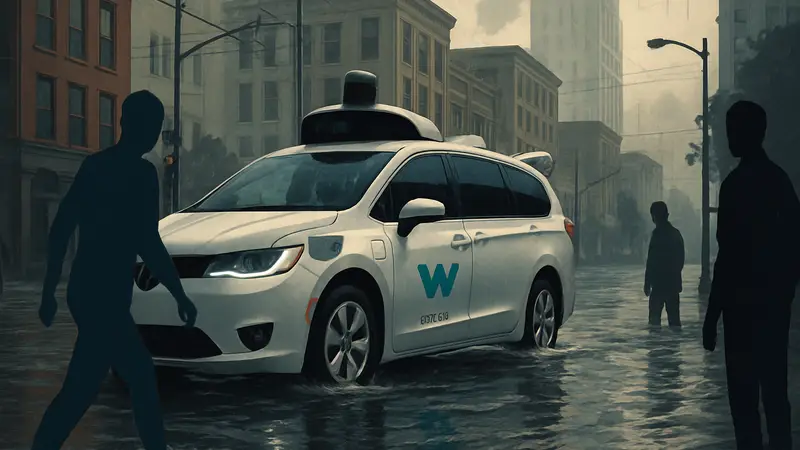 Роботакси Waymo на улице в городе, возможно, с элементами воды или луж.