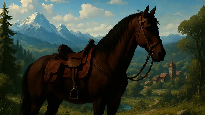 Изображение лошади Плотвы из The Witcher 3 на фоне пейзажей игры.