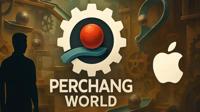 Логотип Perchang World с элементами головоломки на фоне Apple Arcade.