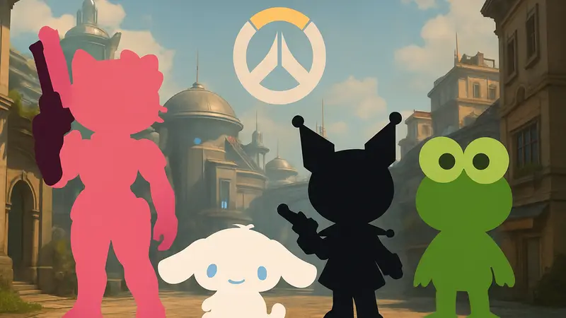 Персонажи Overwatch в скинах Hello Kitty, Cinnamoroll, Kuromi и Keroppi.