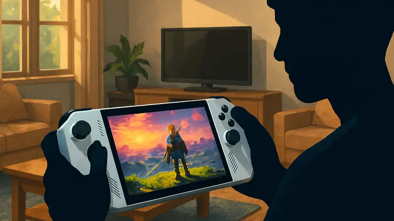 Портативная игровая консоль ROG Xbox Ally X в руках пользователя, играющего в игру на ярком экране.