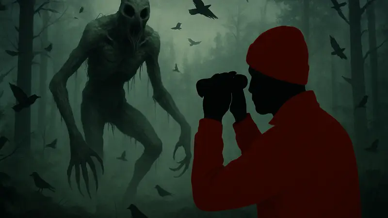 Игровой скриншот хоррор-игры Birds Watching с жутким монстром и птицами