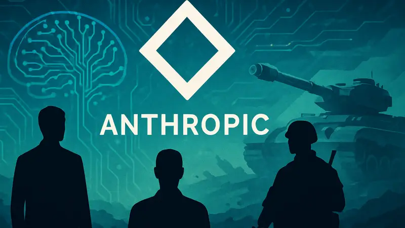 Логотип Anthropic на фоне абстрактной графики, символизирующей искусственный интеллект и военные технологии.
