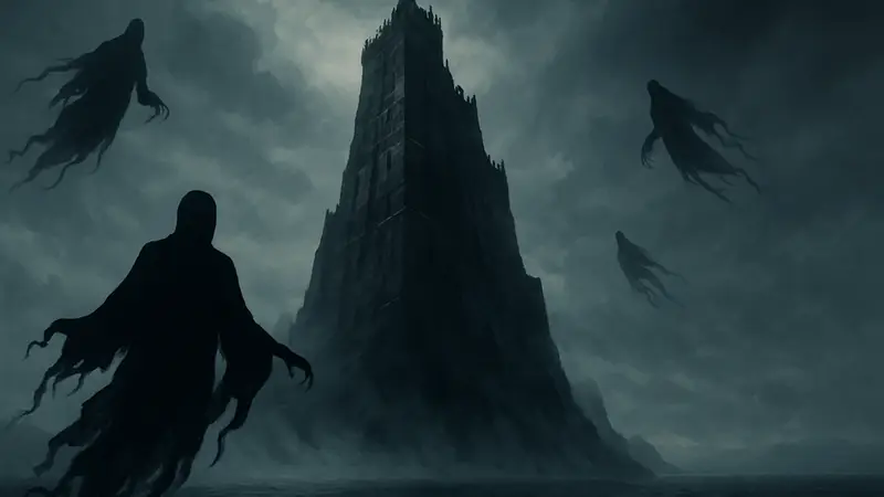 Мрачная крепость Азкабан из вселенной Гарри Поттера, окутанная туманом и дементорами.