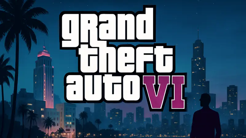 Логотип Grand Theft Auto 6 на фоне силуэтов зданий Вайс-Сити и ночного города