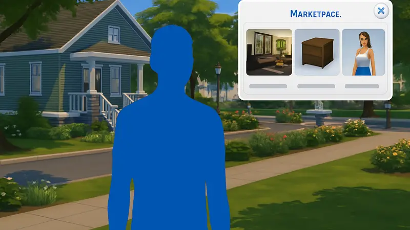 Скриншот The Sims 4 с интерфейсом нового маркетплейса до его удаления модом.